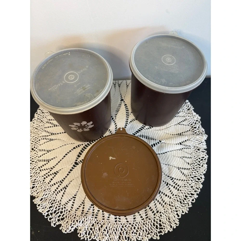 Vintage Tupperware Servalier Canister Set Brown Floral 809-13 809-14 1298-11 3pc